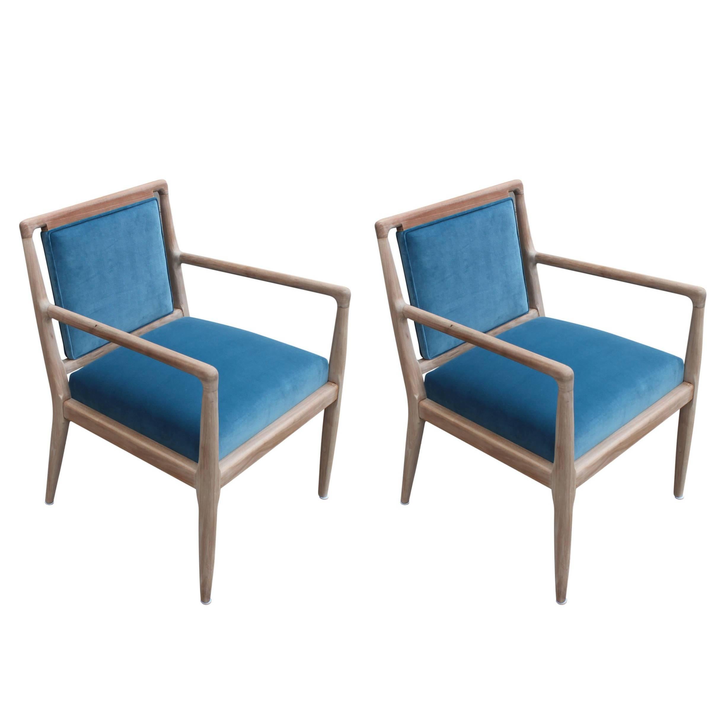 Modern Pair of Gibbings Style Blue Velvet and Bleached Wood Modern Lounge Chairs