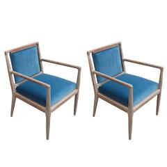 Vintage Modern Pair of Gibbings Style Blue Velvet and Bleached Wood Modern Lounge Chairs