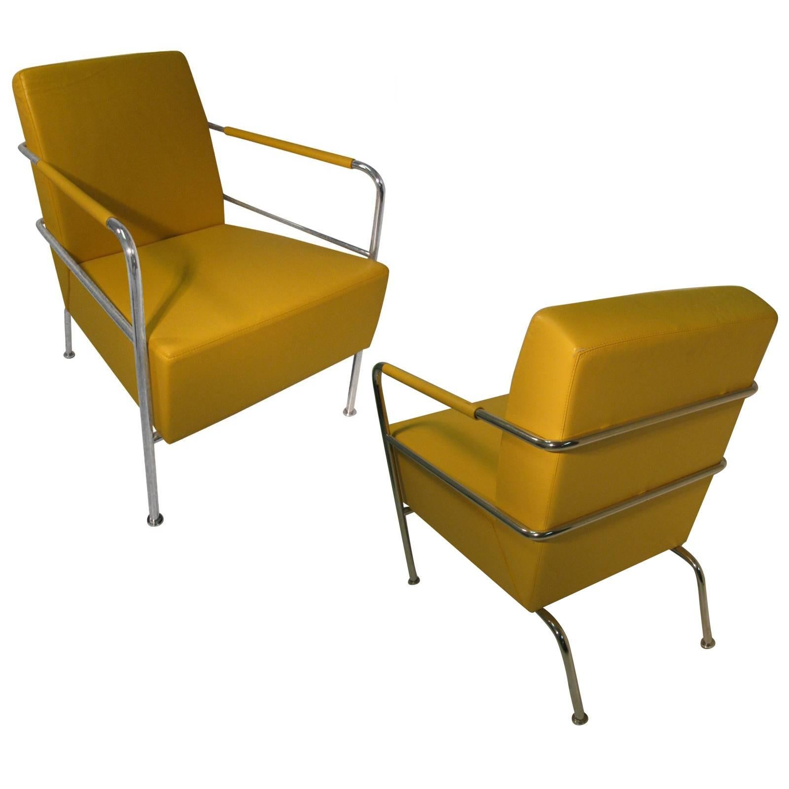 Fabulous Pair of Mid-Century Modern Leather with Chrome Club Lounge Chairs