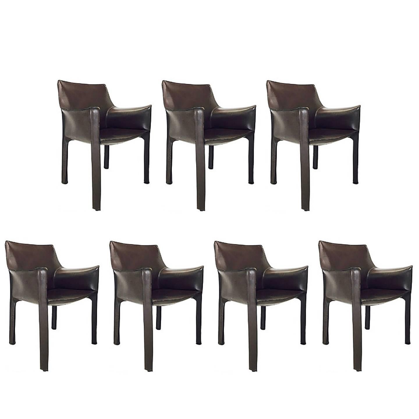 Espresso Brown Mario Bellini Cab Leather Dining Armchairs for Cassina