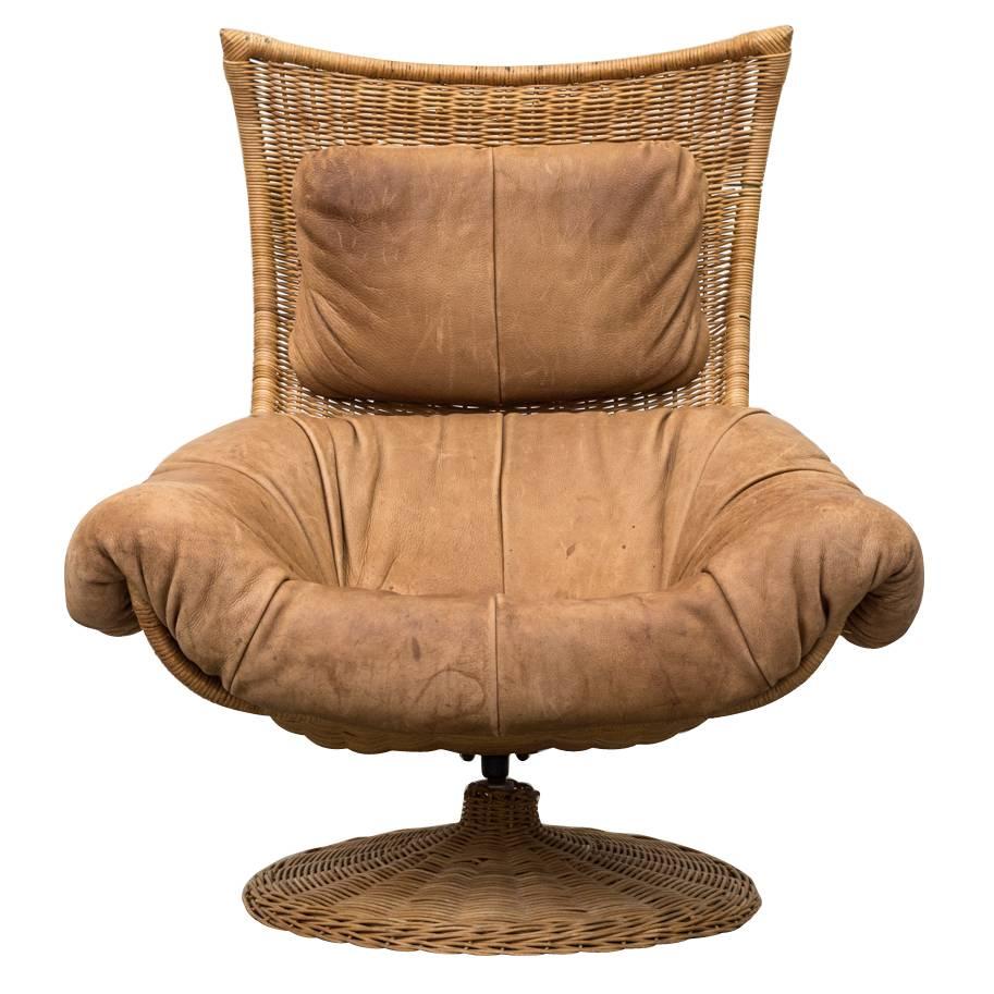 Gerard Van Den Berg Leather and Rattan Lounge Chair for Montis