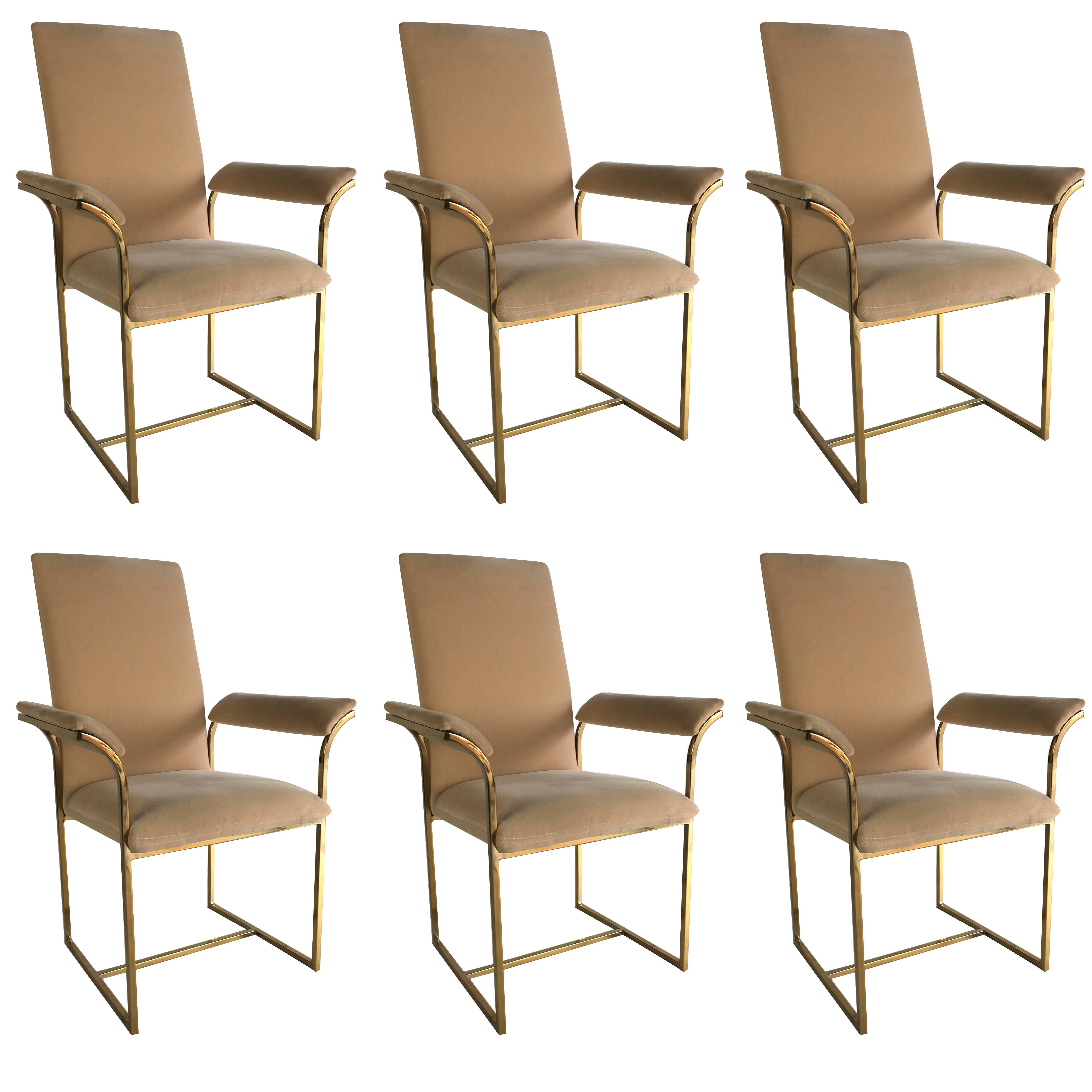 Set of Six Brass Frame Dining Chairs, Style of Milo Baughman