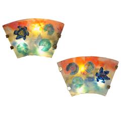 1950s Cenedese Italian Pair of Orange Blue Green Scavo Murano Glass Sconces 10