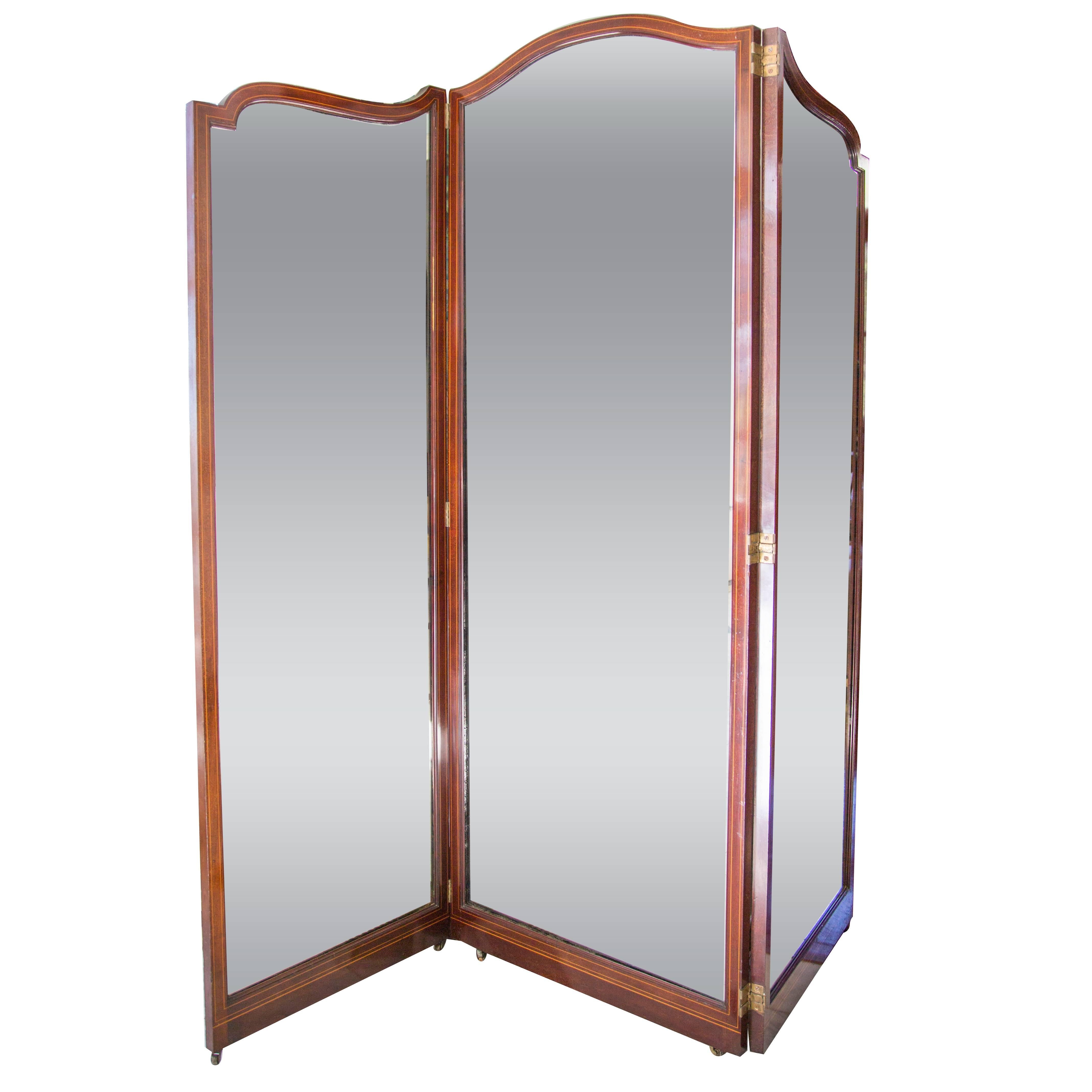 Fine English 19th C. Three-Panel Mahogany and Mirror Folding Screen For Sale