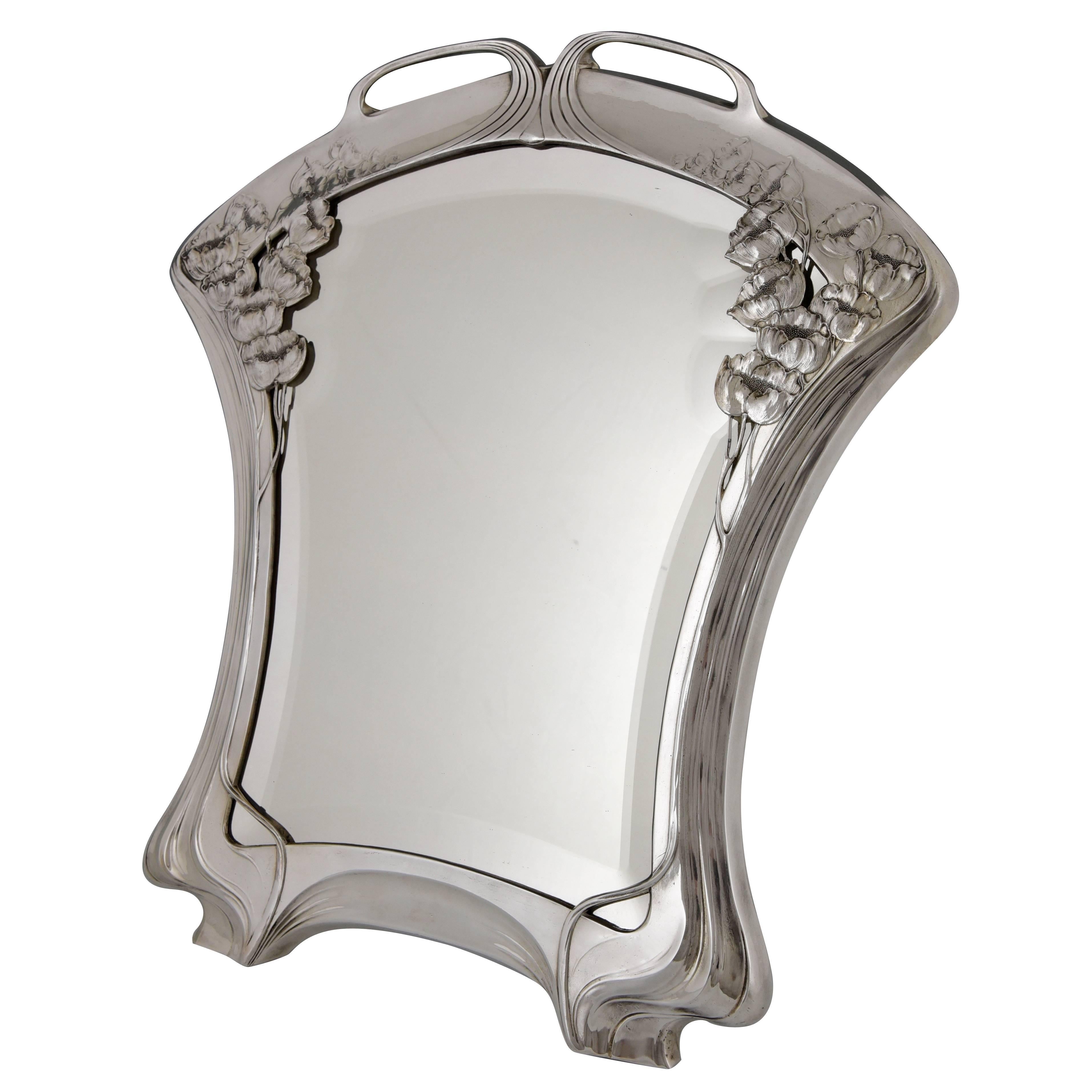 Silvered Art Nouveau mirror by Orivit beveled glass, Germany 1904.