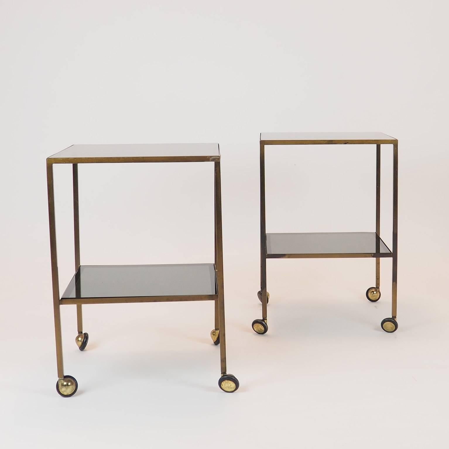  Pair of Nice Italian Brass Side Tables with thick glass and wheels Milano 1960s 5