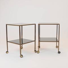 Pair of Nice Italian Brass Side Tables with thick glass and wheels Milano 1960s
