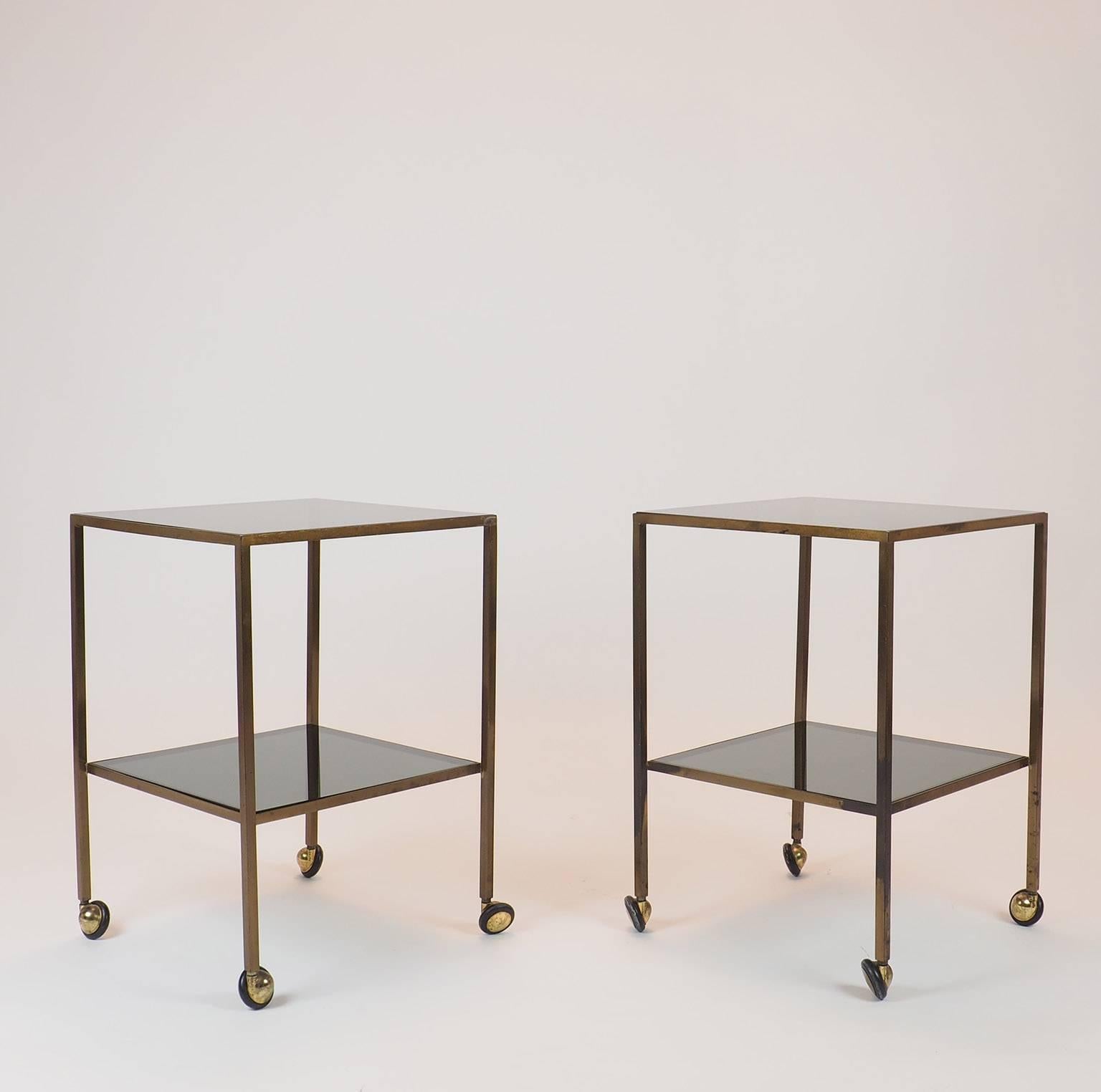  Pair of Nice Italian Brass Side Tables with thick glass and wheels Milano 1960s 3