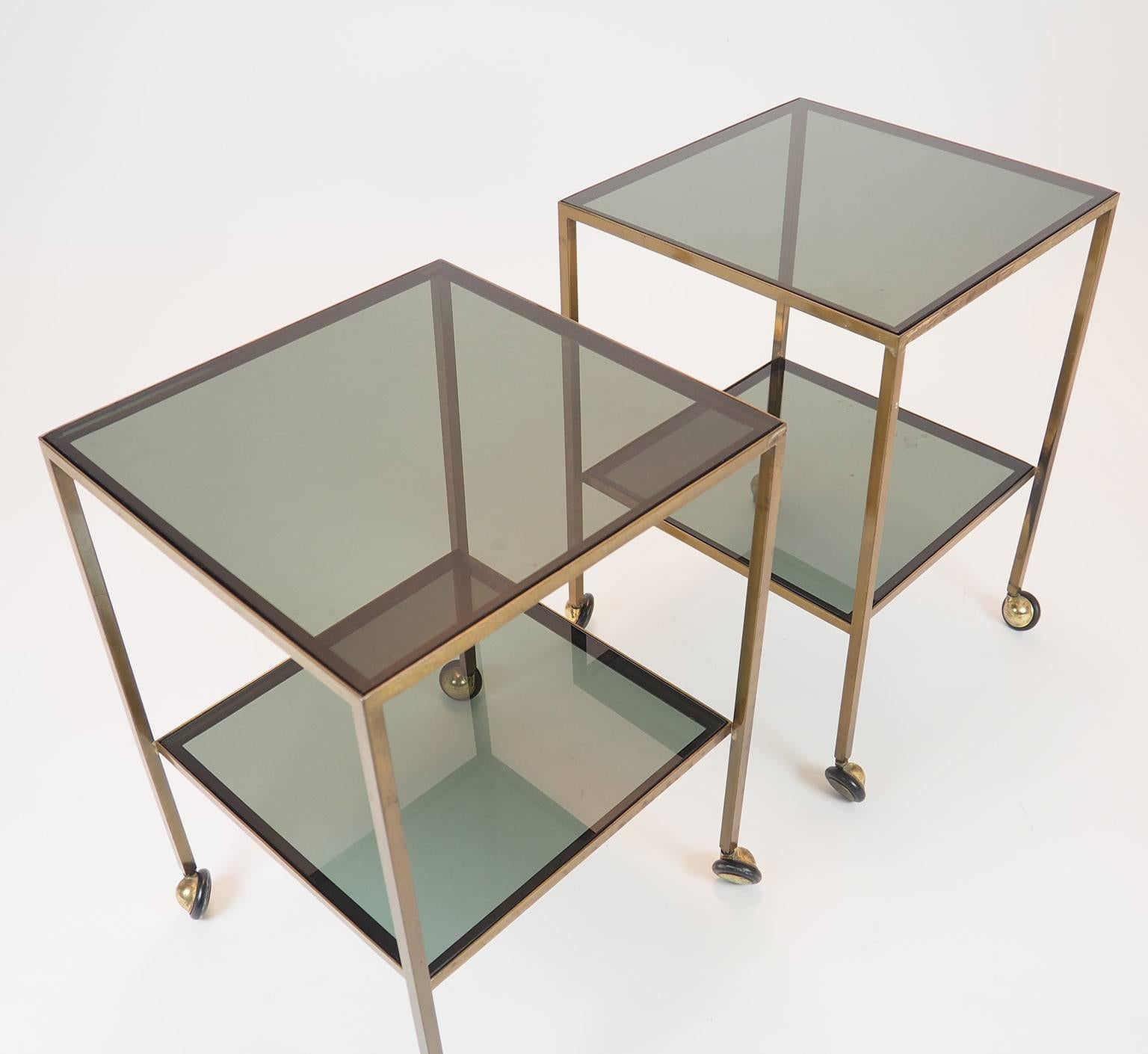  Pair of Nice Italian Brass Side Tables with thick glass and wheels Milano 1960s 4