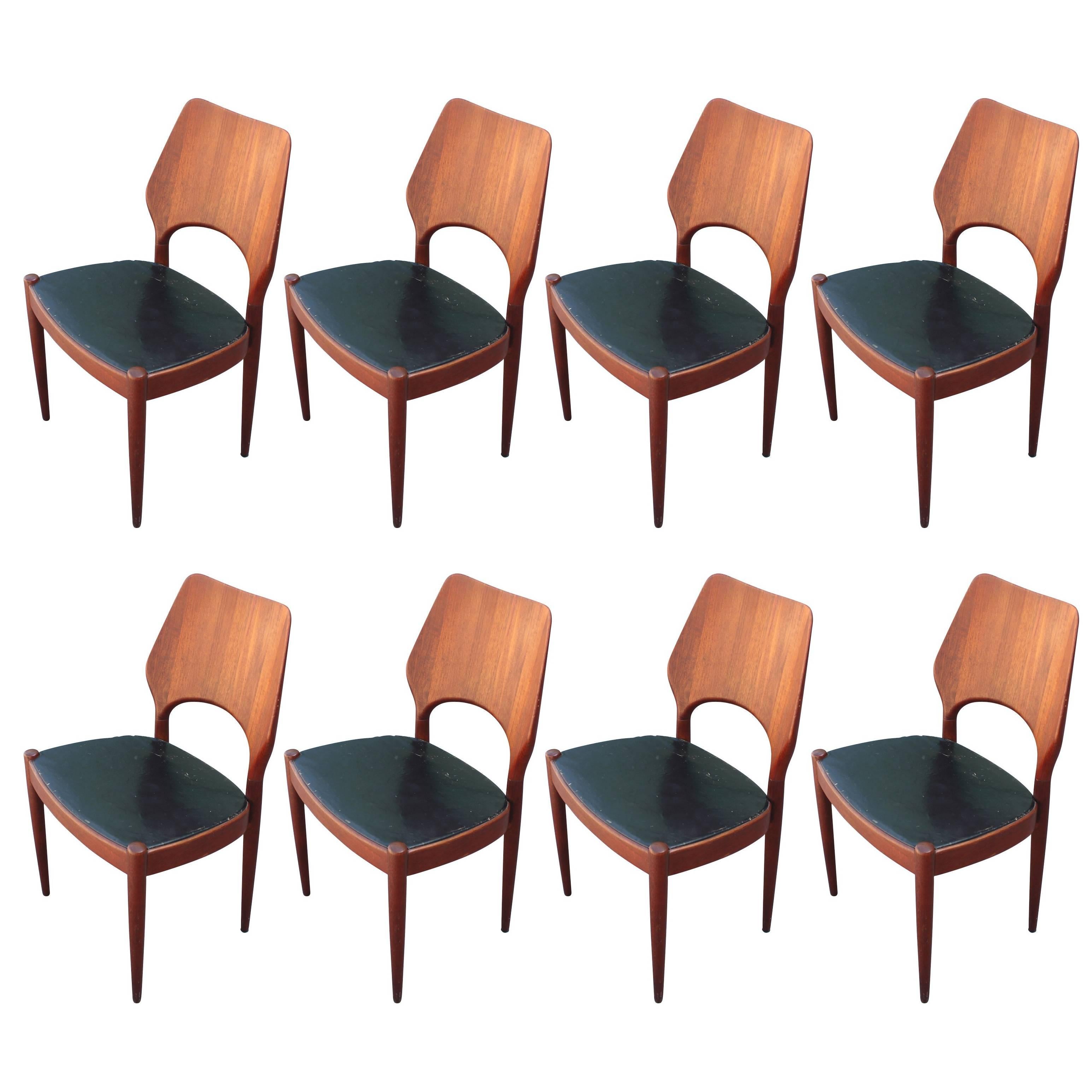 Set of Eight Modern Danish Chairs with Black Leather Seats
