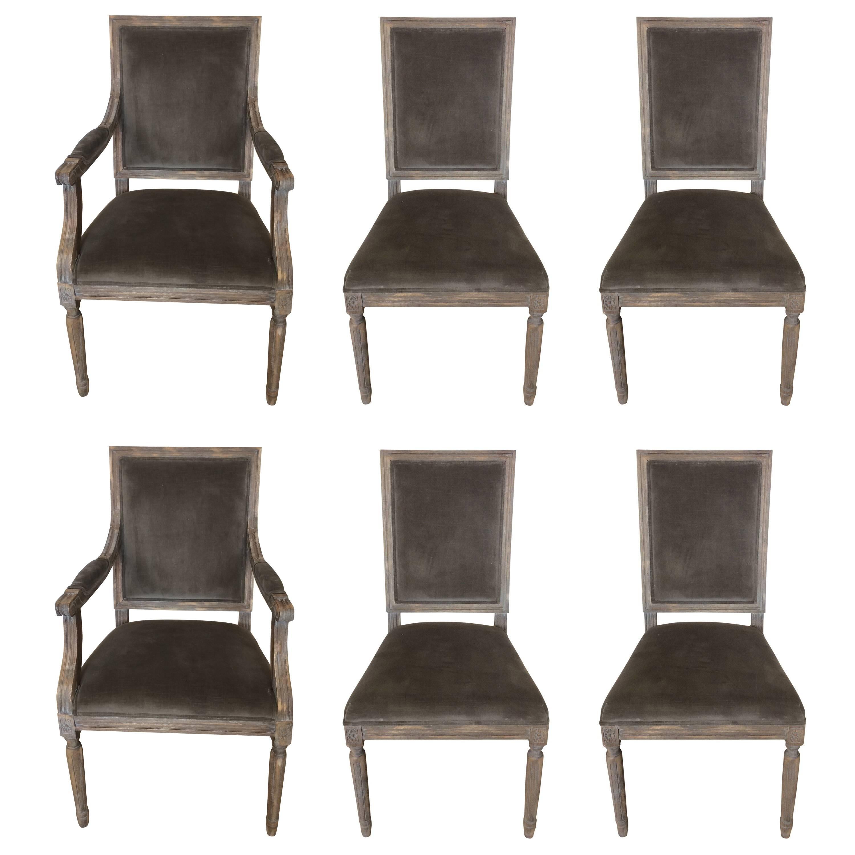 Set of Six Restoration Hardware Washed Oak and Velvet Dining Chairs