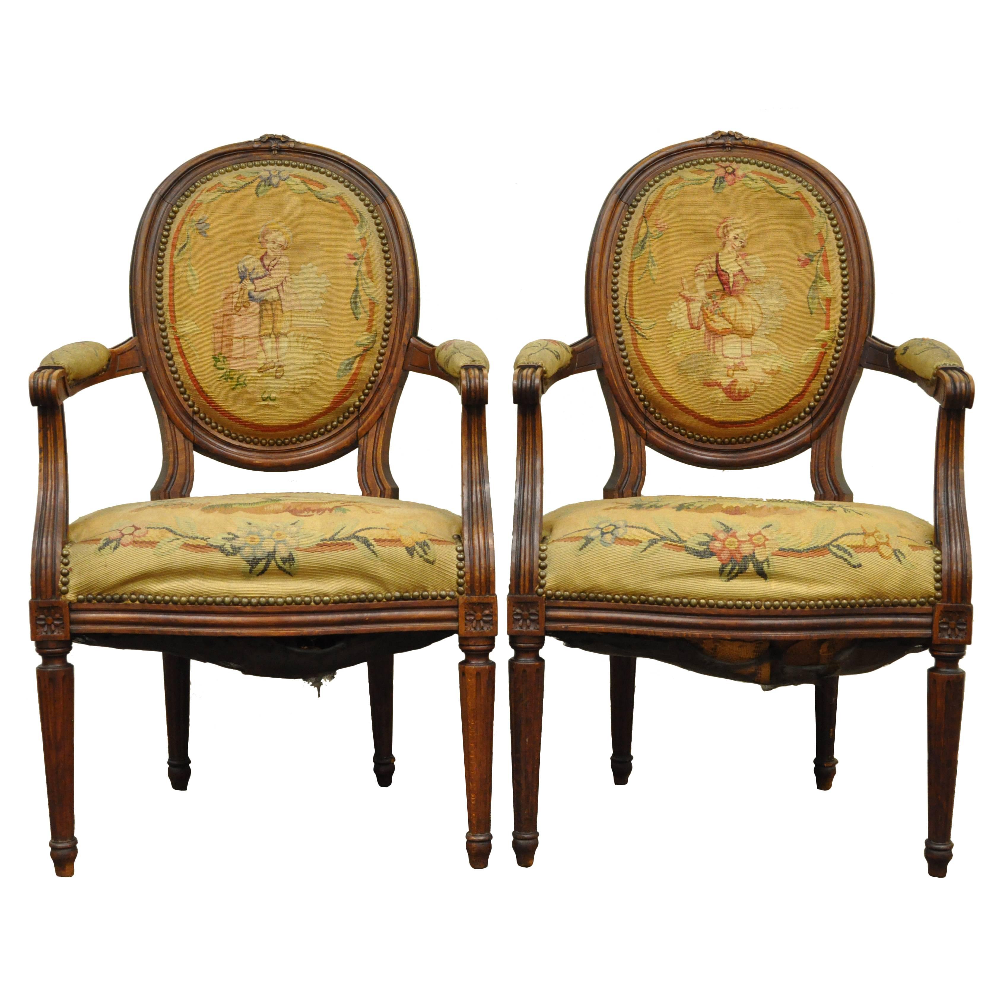 Pair of 19th Century French Louis XVI Style Walnut Armchairs For Sale