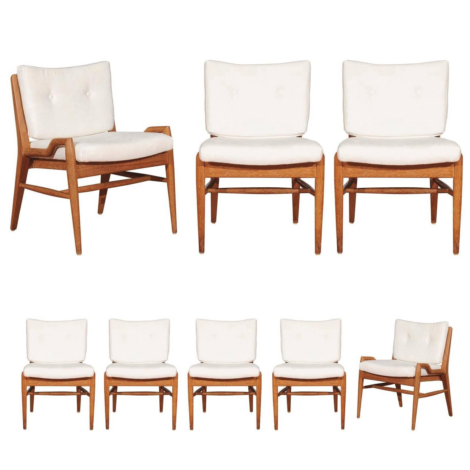 Chic Restored Set of 8 Cerused Mahogany Dining Chairs by John Keal, circa 1955