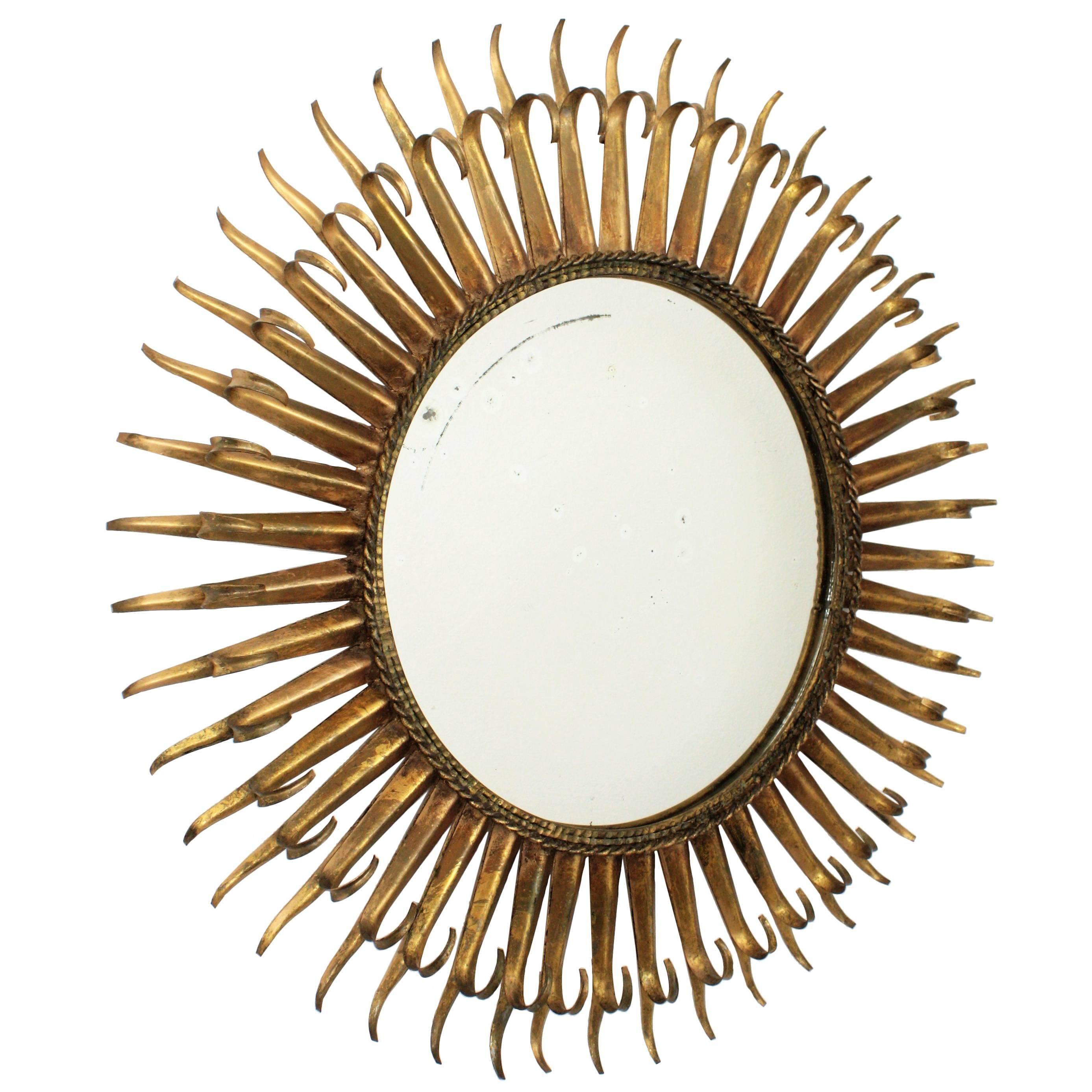 French 1960s Gilt Iron Eyelash Double Layered Round Sunburst Mirror