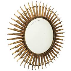 French 1960s Gilt Iron Eyelash Double Layered Round Sunburst Mirror