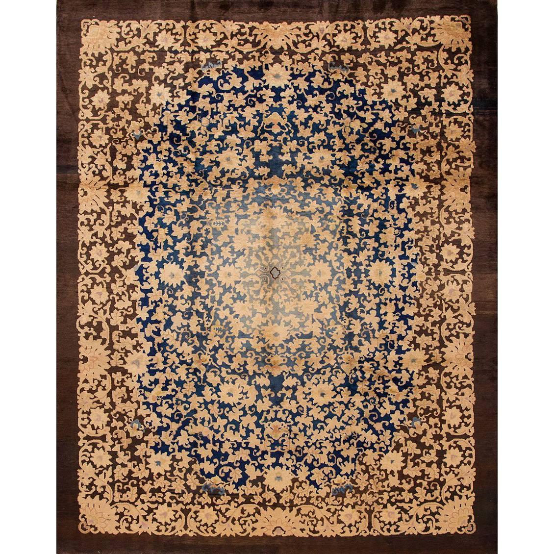 Vintage 1920s Brown and Blue Chinese Art Deco Fette Rug For Sale