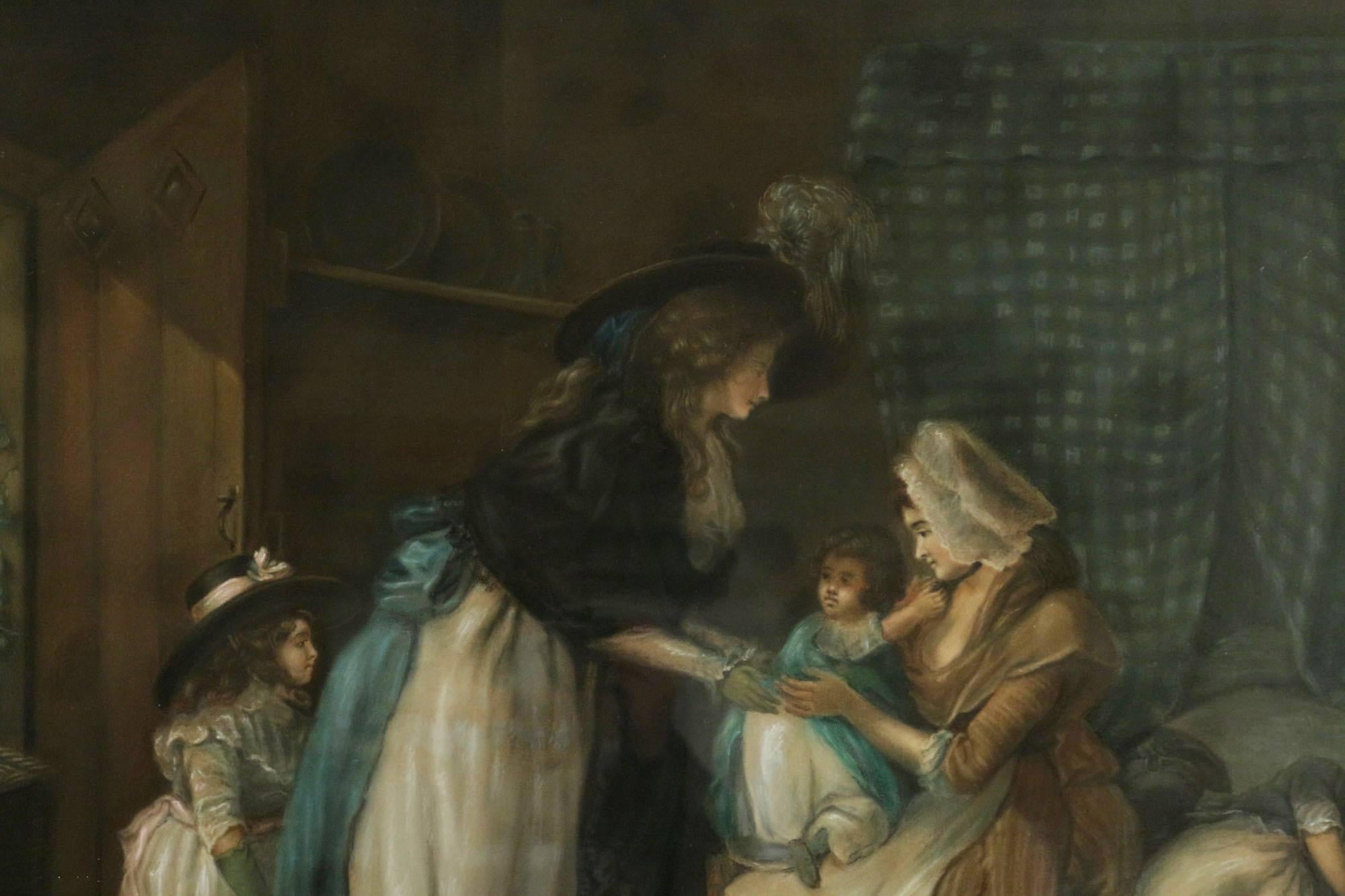 Hand-Painted Late 18th Century English School of Figurative Pastel the Visit at the Nursemaid