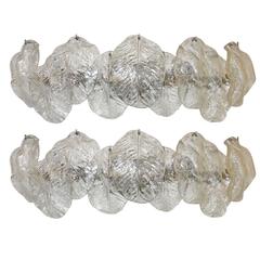 Vintage Pair of Italian Murano Mazzega Clear Leaf Wall Light Sconces