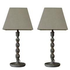 Pair of Antique Limed Oak Barley Twist Table Lamps