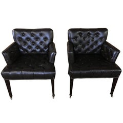 Pair of Sleek Tufted Leather Chesterfield Club Chairs