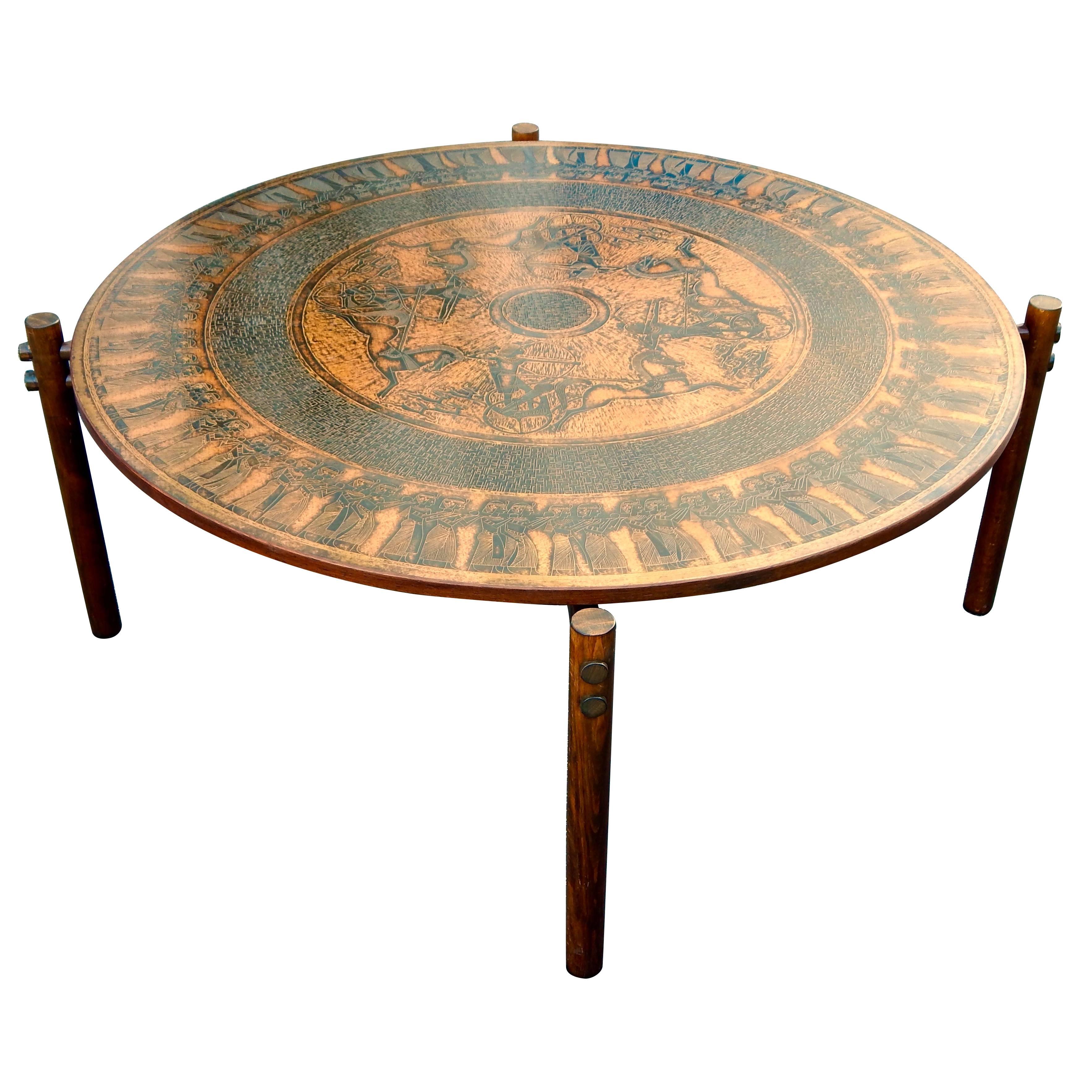 Stamped Copper Egyptian Themed Coffee Table, Norway, 1960 For Sale