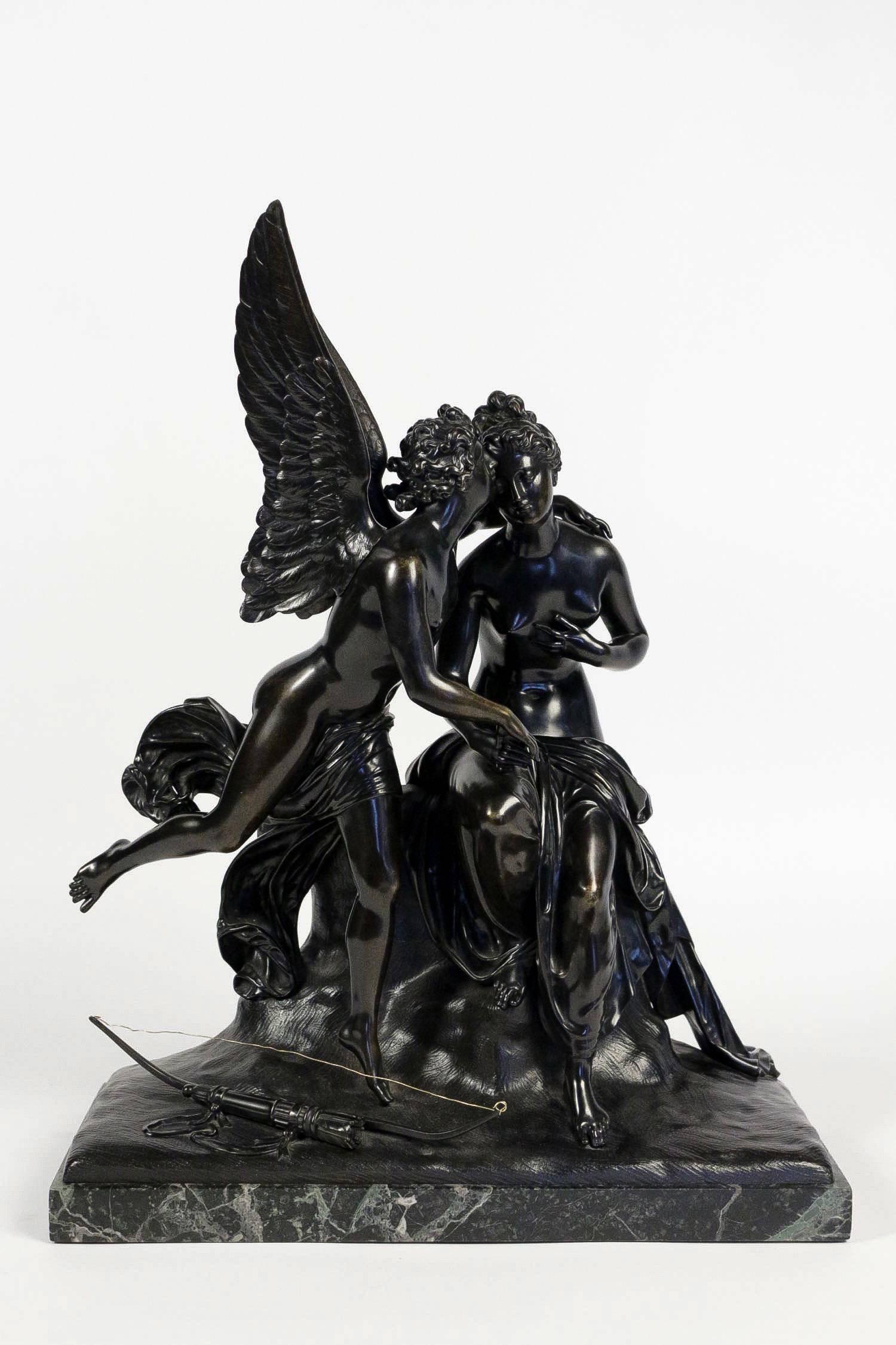 We are pleased to present you a handsome finely chiseled and skated bronze group, depicting an Annunciation symbolized by an angel having put down his quiver and its bow to the feet of a nymph seated on a hillock.
The base of sea-green