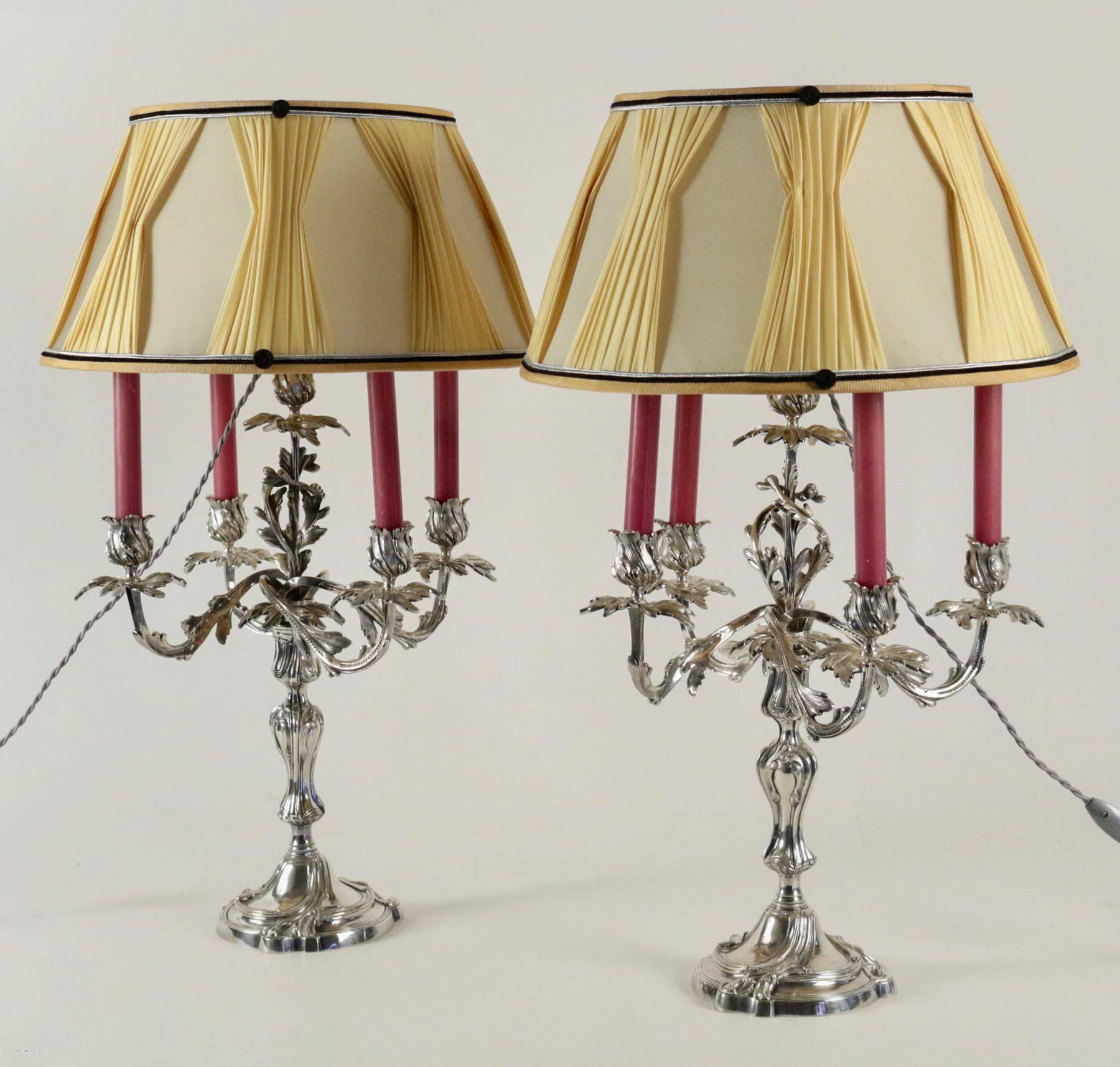 19th Century French Louis XV Style Pair of Silver Plate Candelabra Lamps, circa 1860-1880