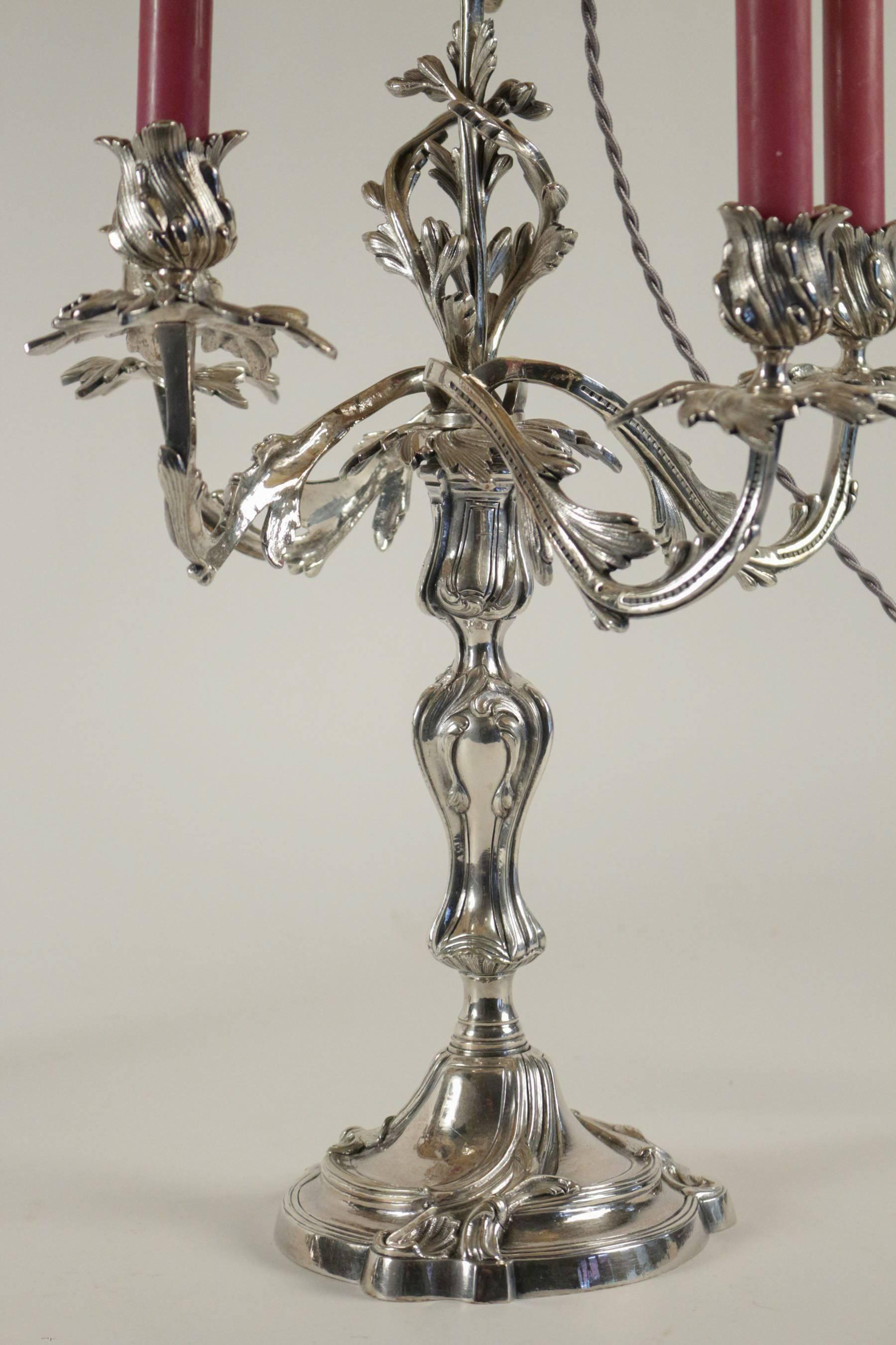 French Louis XV Style Pair of Silver Plate Candelabra Lamps, circa 1860-1880 3