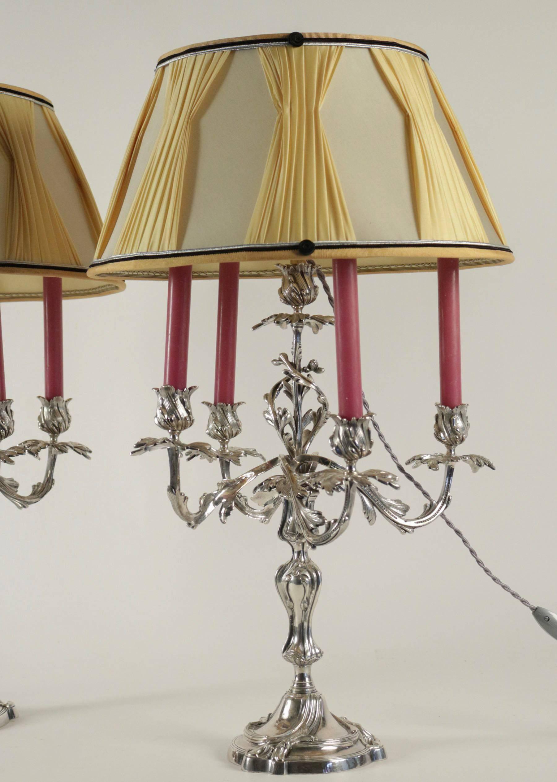 French Louis XV Style Pair of Silver Plate Candelabra Lamps, circa 1860-1880 1