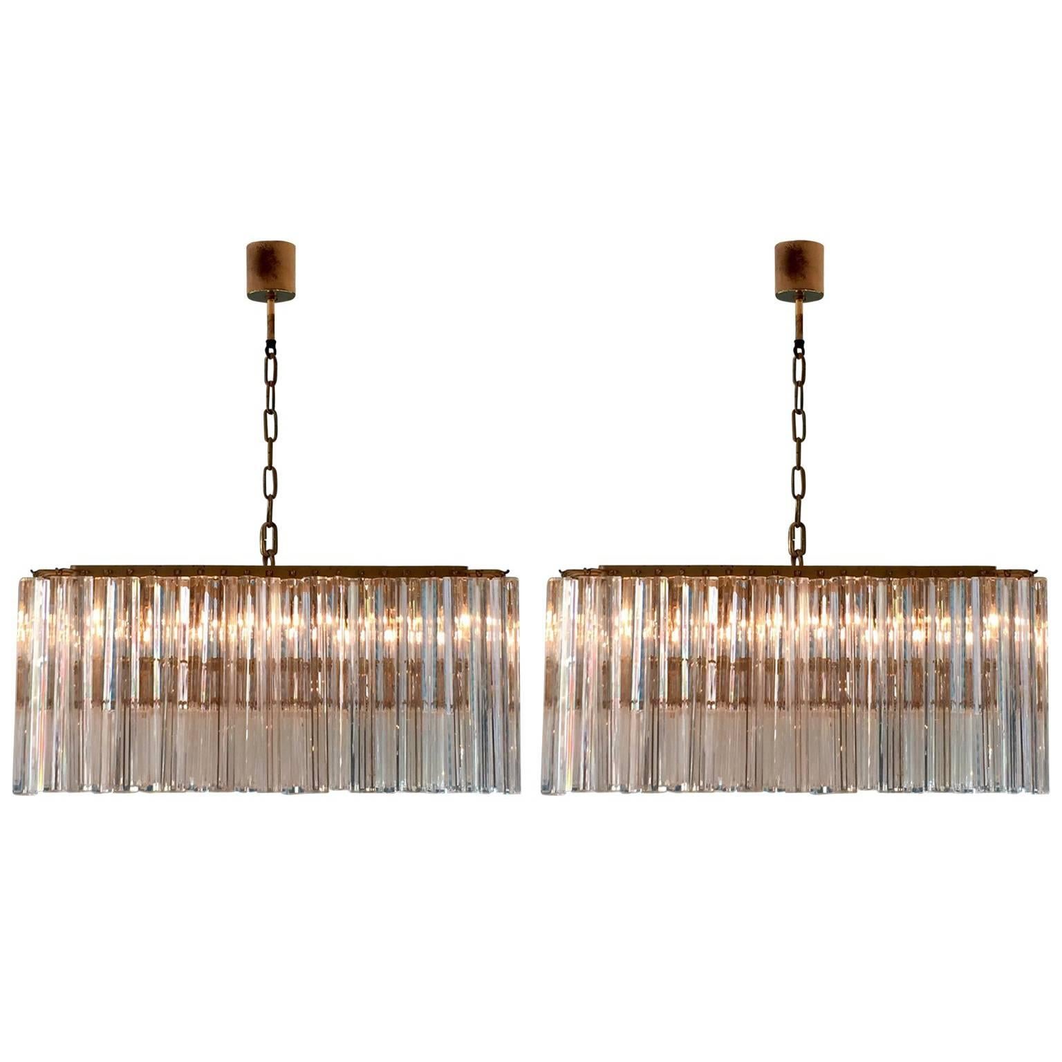 Large 1970s Pair of Venini, Murano Square Glass Chandeliers