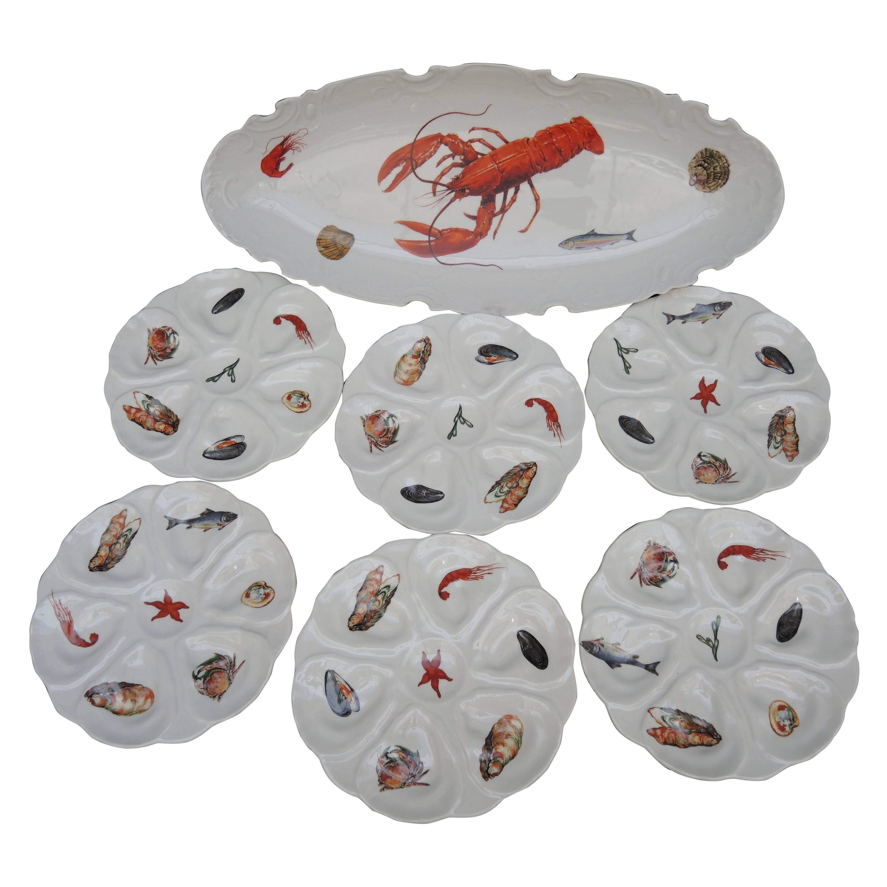 Fish Set Including a Large Platter and Six 1960s French Porcelain Oyster Plates