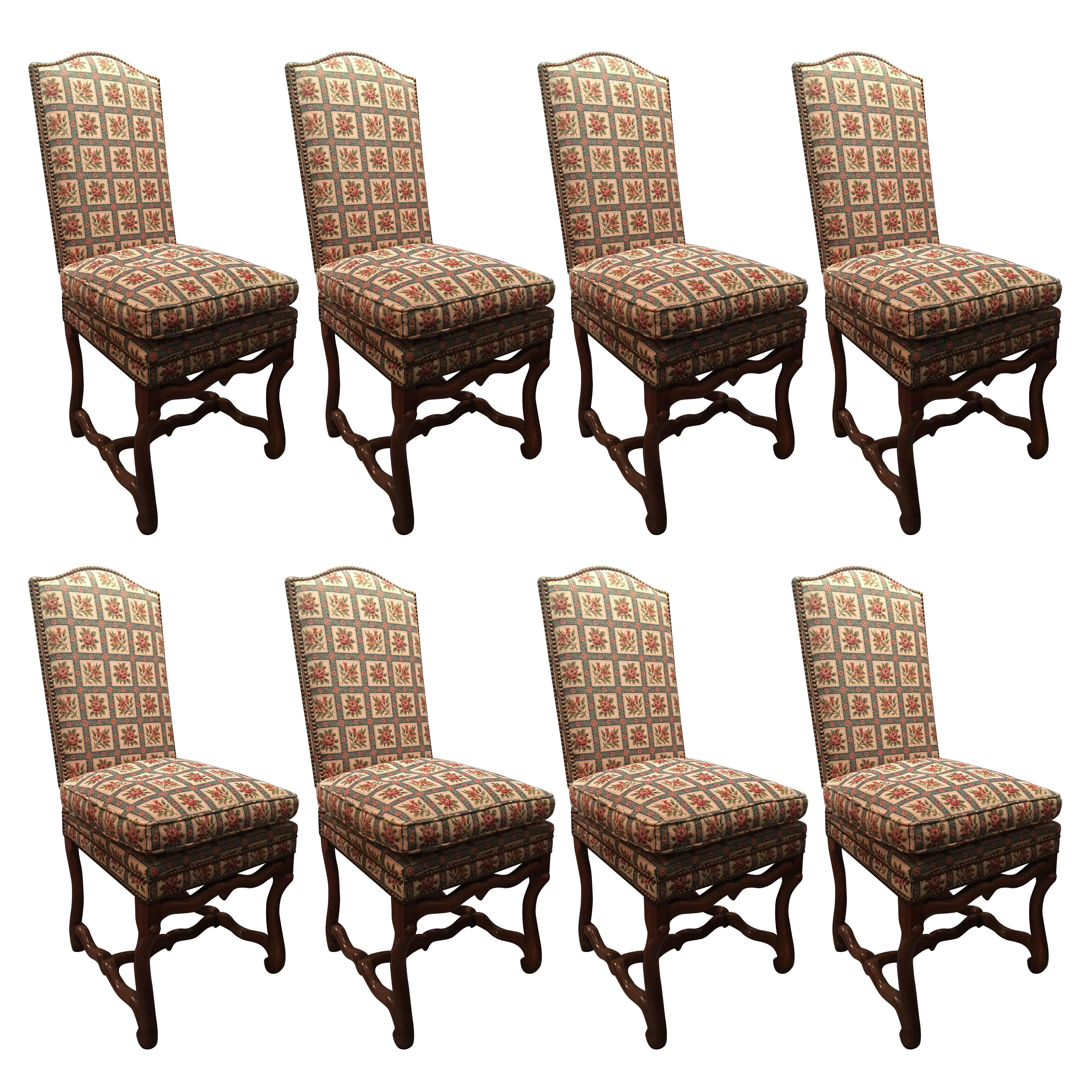 Set of Eight Italian Walnut and Upholstered Dining Chairs, 20th Century For Sale