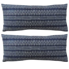 Pair Vintage Indigo and White Asian Batik Bolsters Artisanal Decorative Pillows