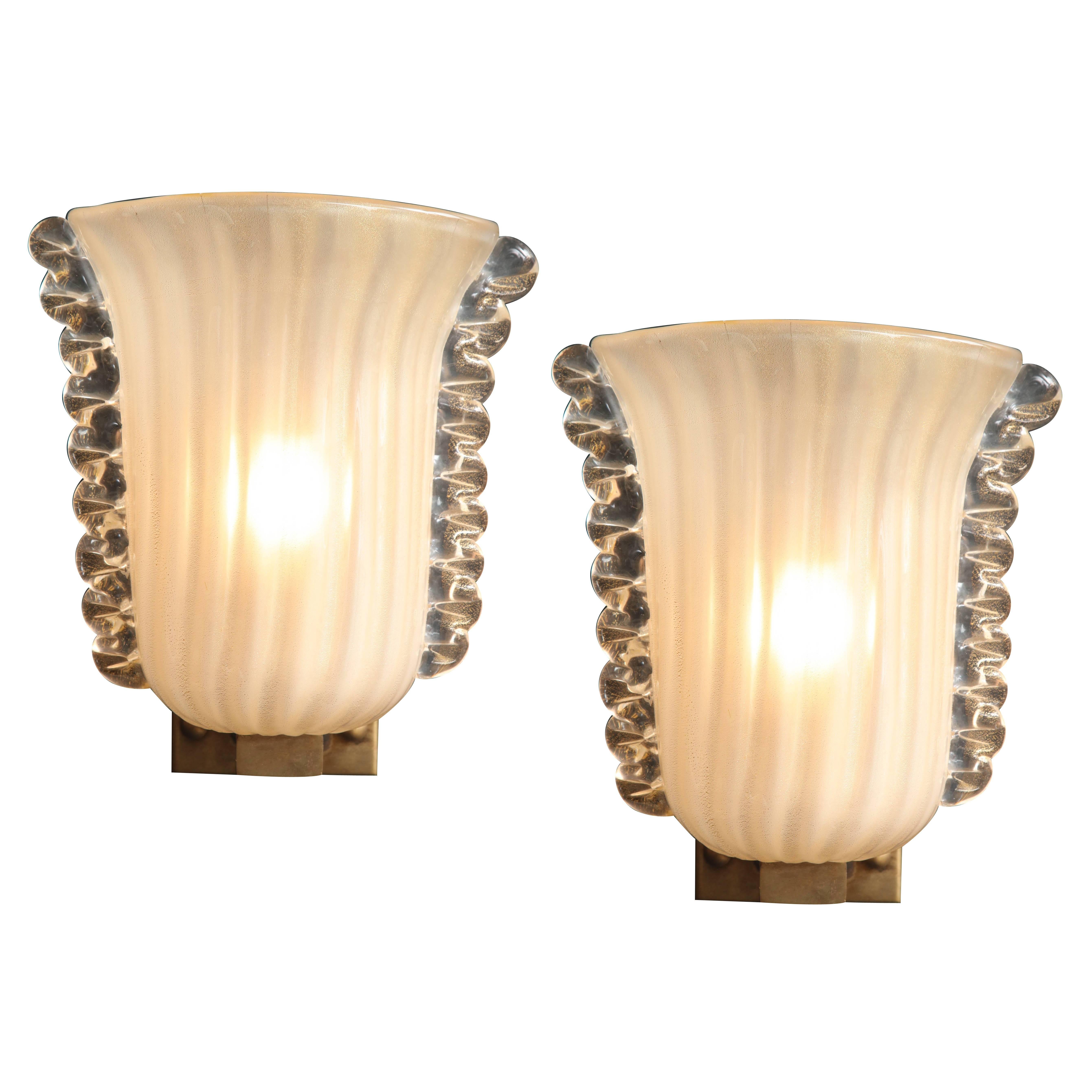 Pair of Italian Ivory with Infused Gold Murano Glass and Brass Sconces