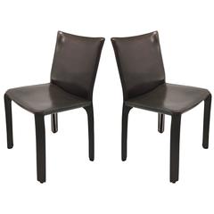 Pair of Gray Leather 412 CAB Chairs, Mario Bellini for Cassina