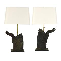 Pair of Sculptural French Bronze Hand Arm Lamps 9