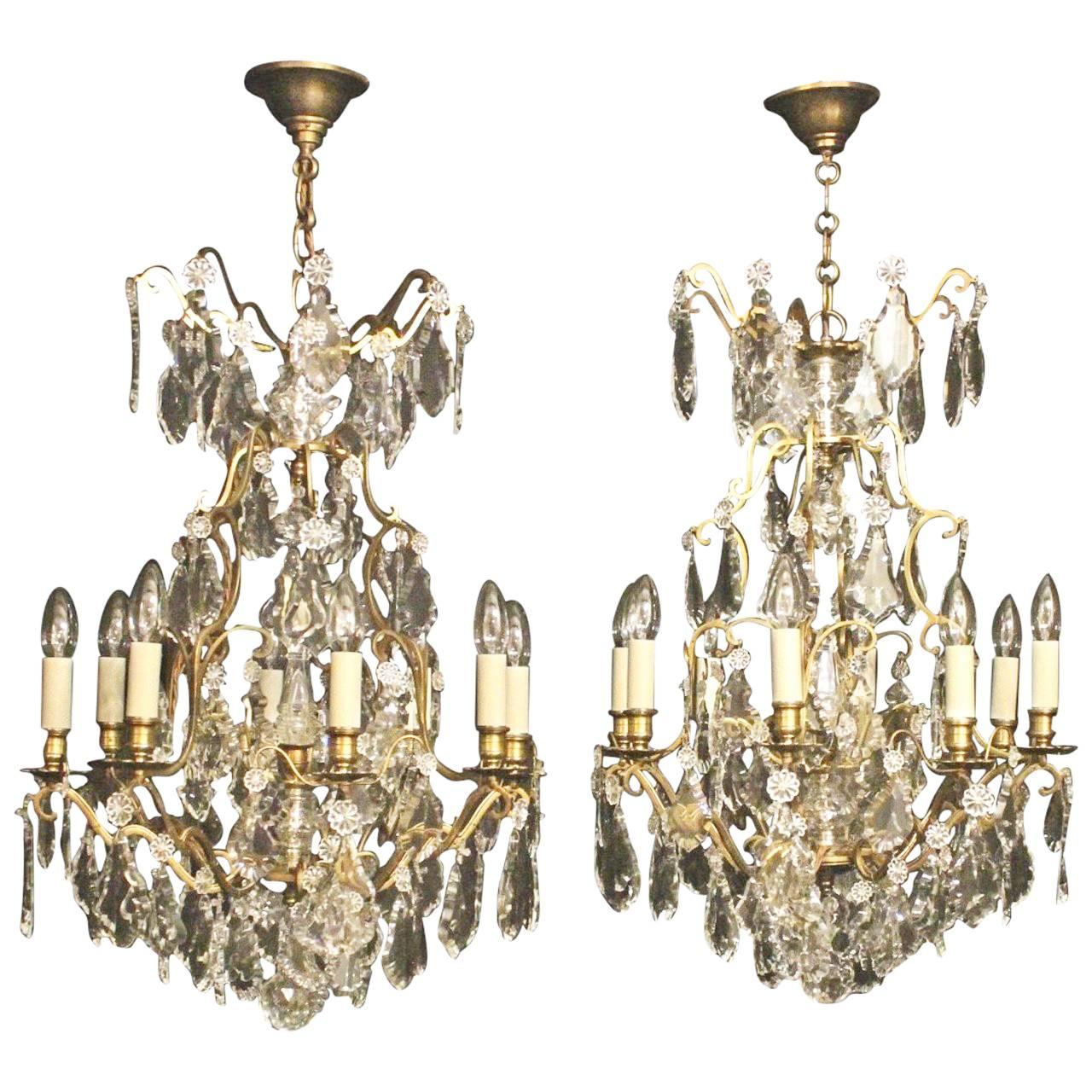 French Pair of Eight Light Antique Chandeliers