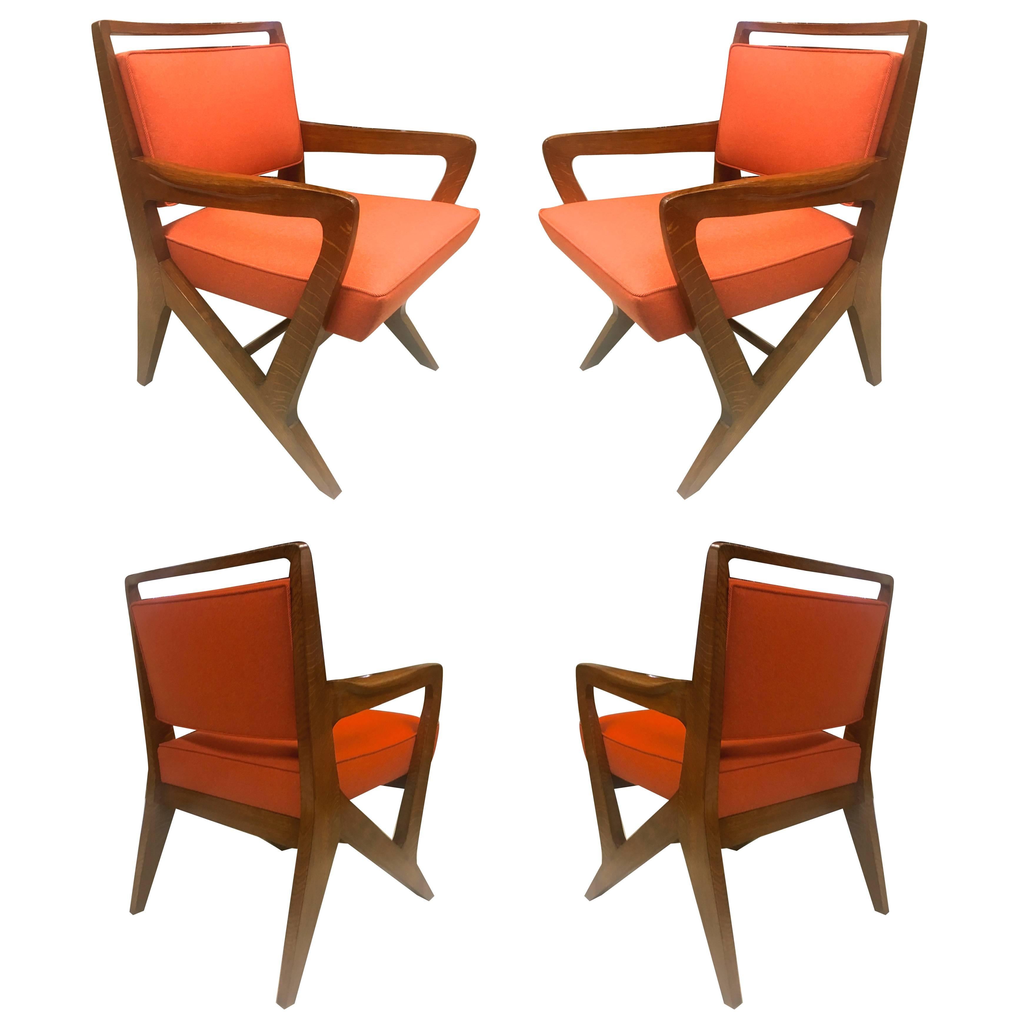 Maison Raphael Rarest Set of Four Armchairs, Fully Restored and Newly Covered For Sale