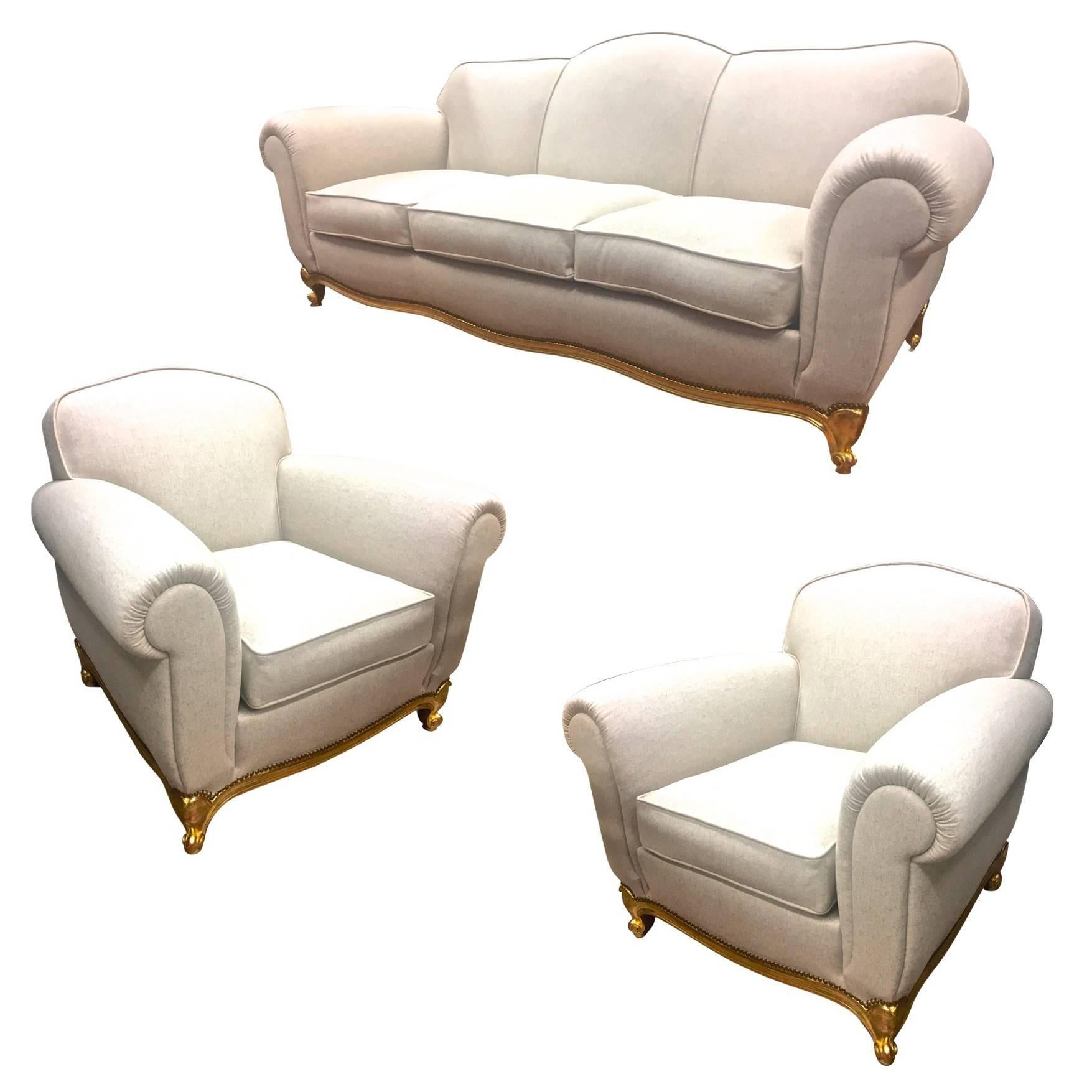 Maison Jansen Exceptional Comfy Neoclassic Set of One Couch and Two Armchairs For Sale