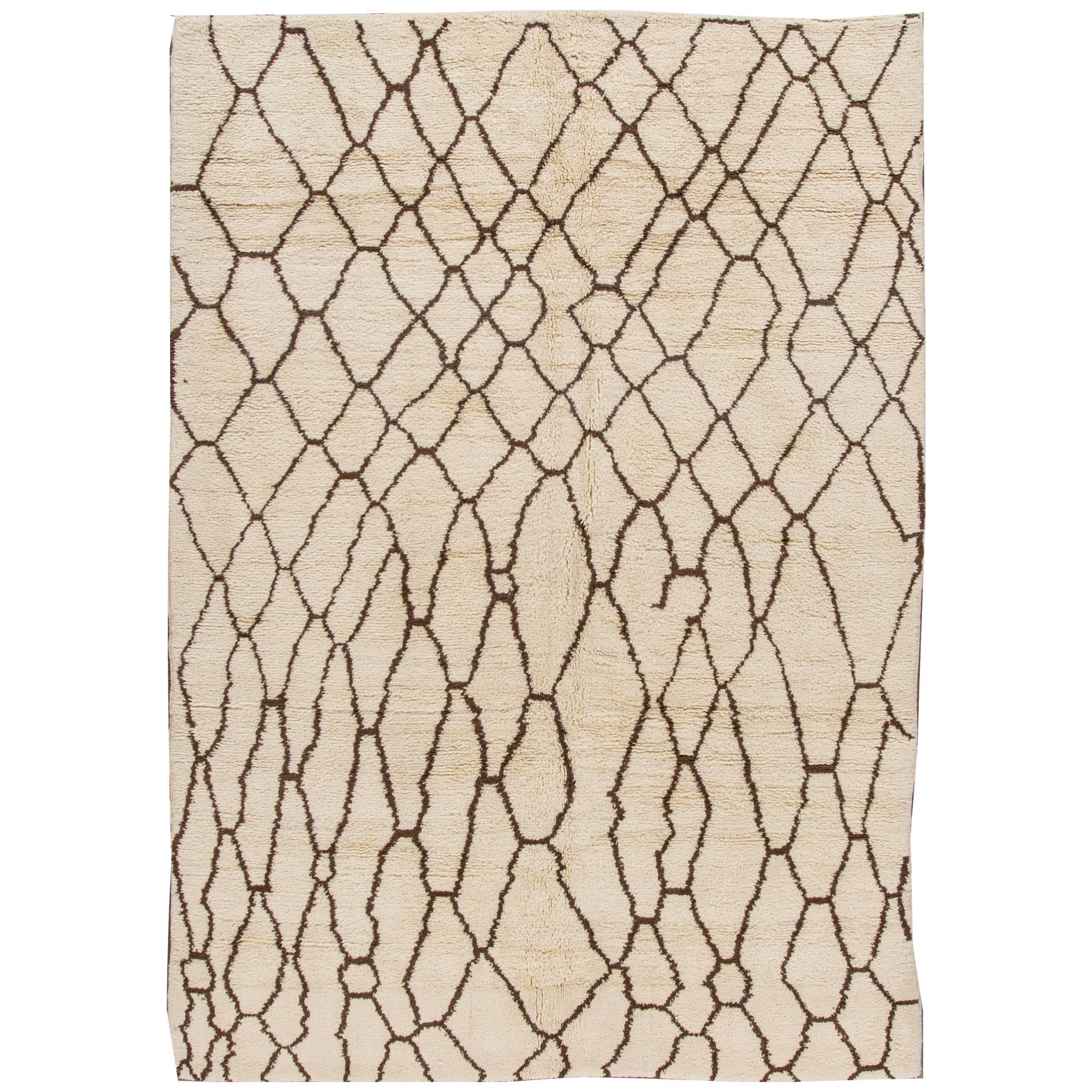 Contemporary Ivory and Brown Moroccan Rug