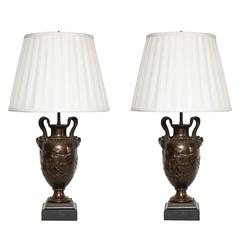 A Pair of French Neoclassical Style Bronze Urns Fitted as Lamps 