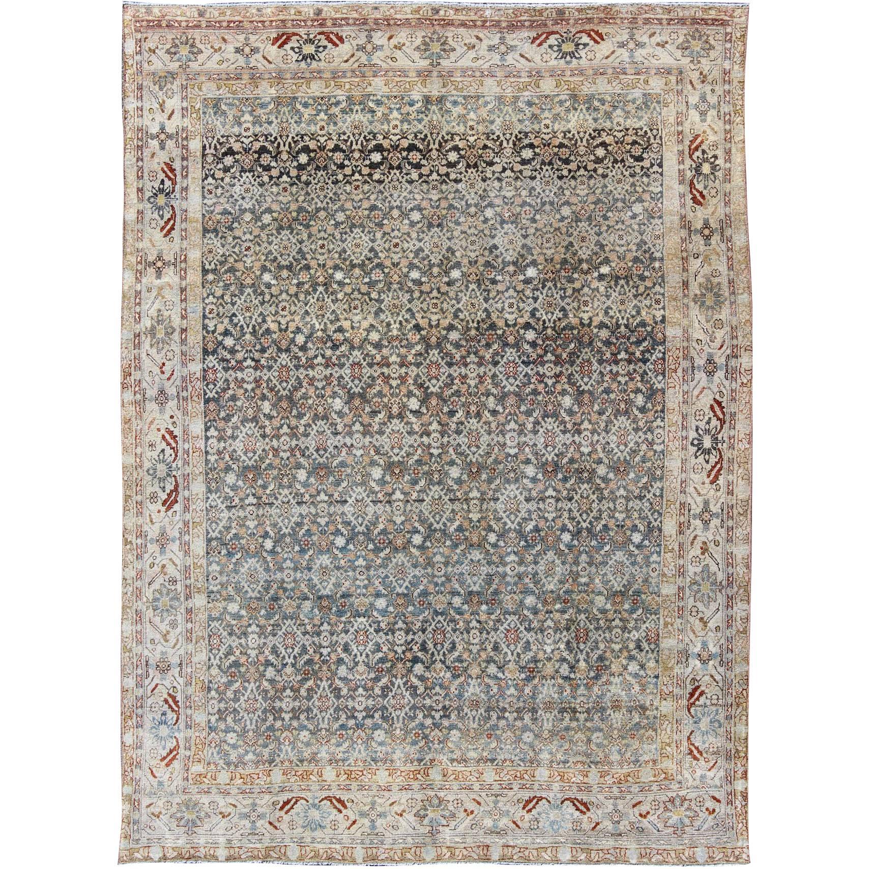 Persian Antique Malayer Rug with Exquisite Design in Blue, Gray, Teal & Ivory For Sale