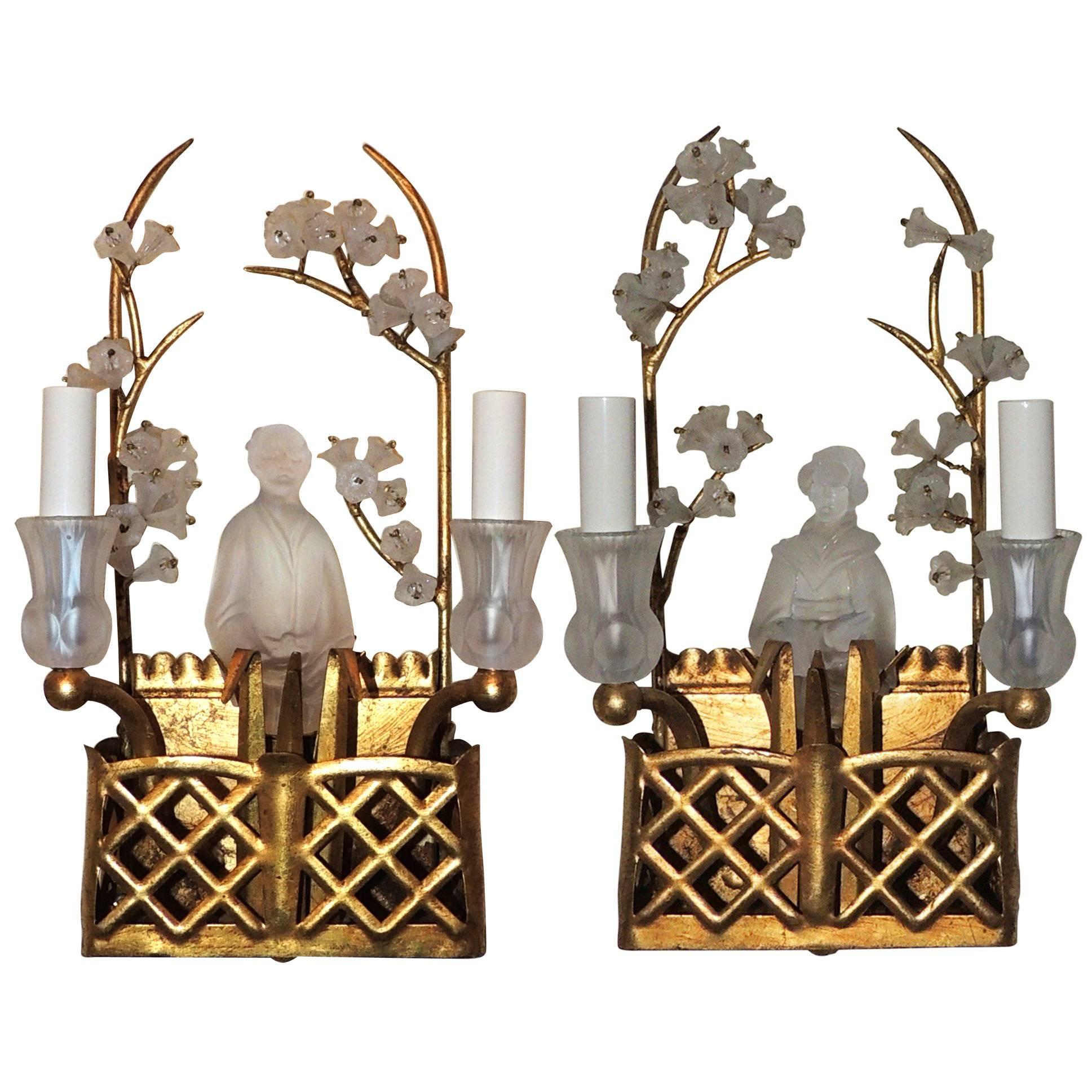 Wonderful Vintage Pair of Sherle Wagner Chinoiserie Basket Glass Flower Sconces
