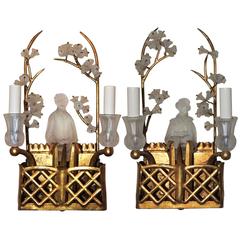 Wonderful Vintage Pair of Sherle Wagner Chinoiserie Basket Glass Flower Sconces