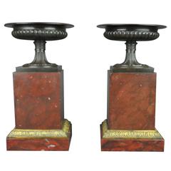 Pair of Bronze Tazza on Marble and Ormolu Bases