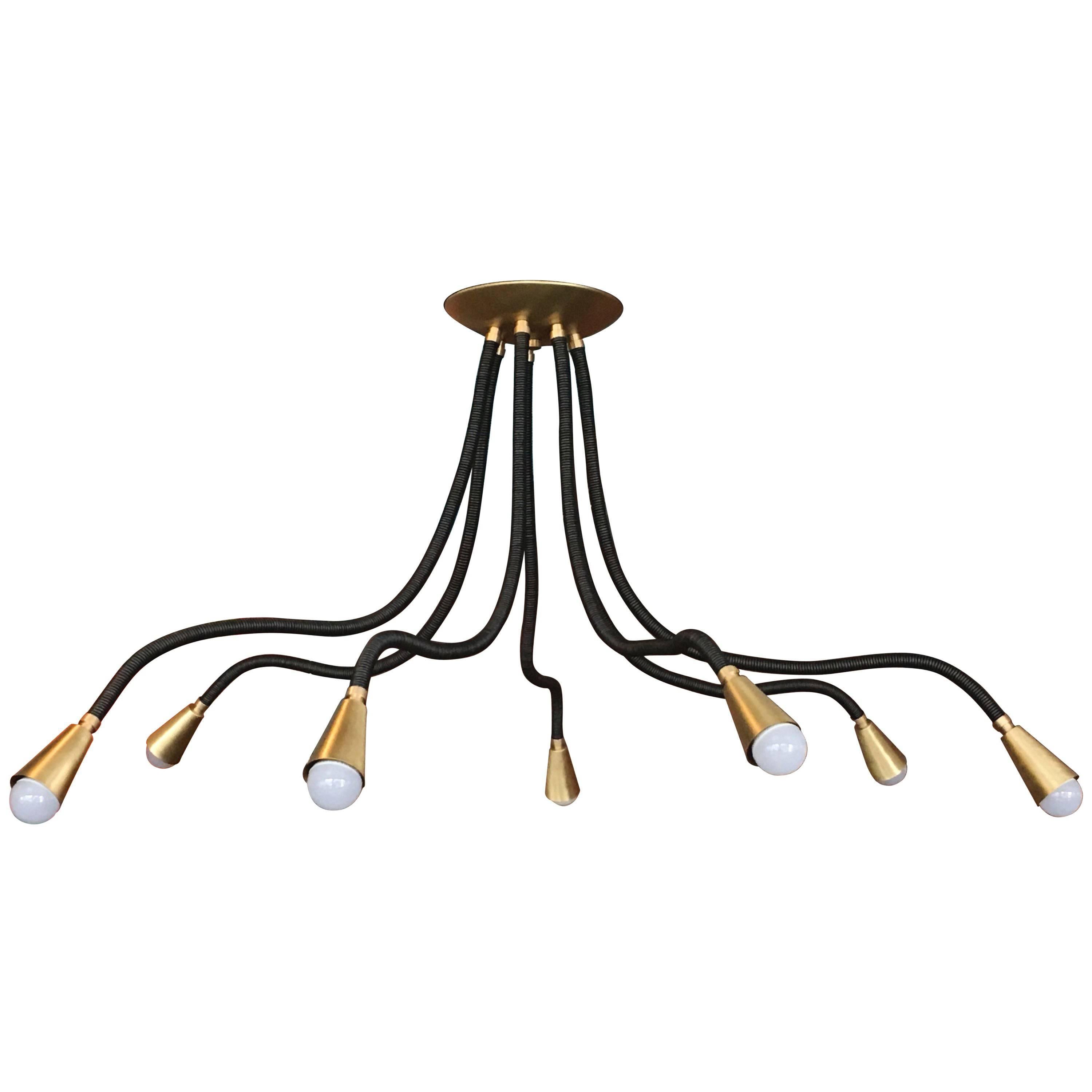 Leather and Brass Meander Chandelier with Flexible Arms