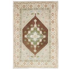 Vintage Turkish Oushak Rug with Diamond Medallions in Green, Taupe and Brown