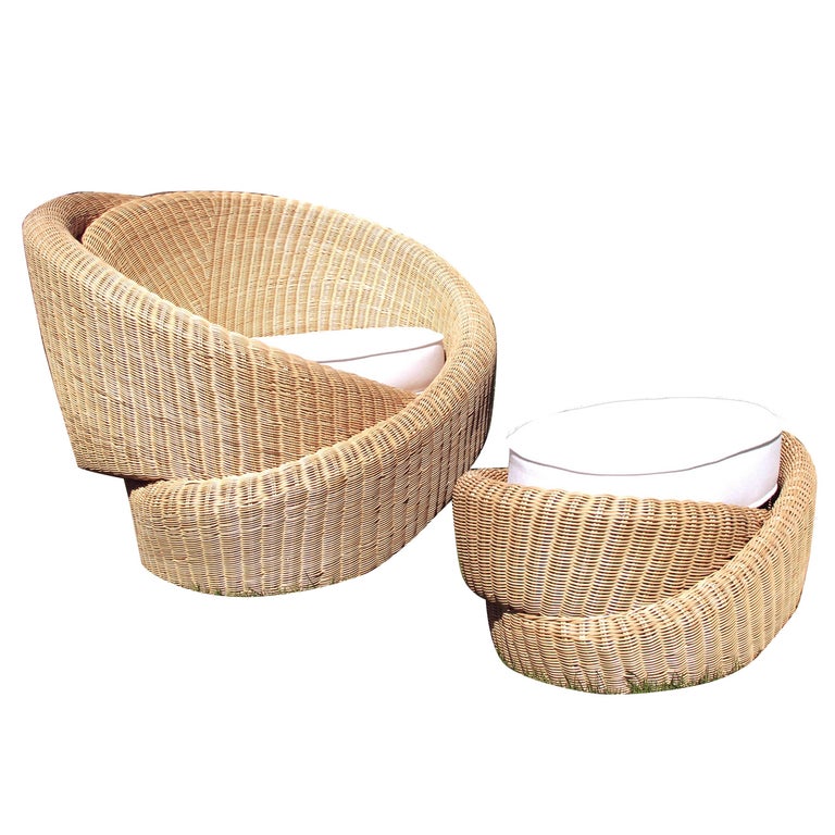 Rattan IndoorOutdoor Armchair and Footrest/Ottoman, Cushions in