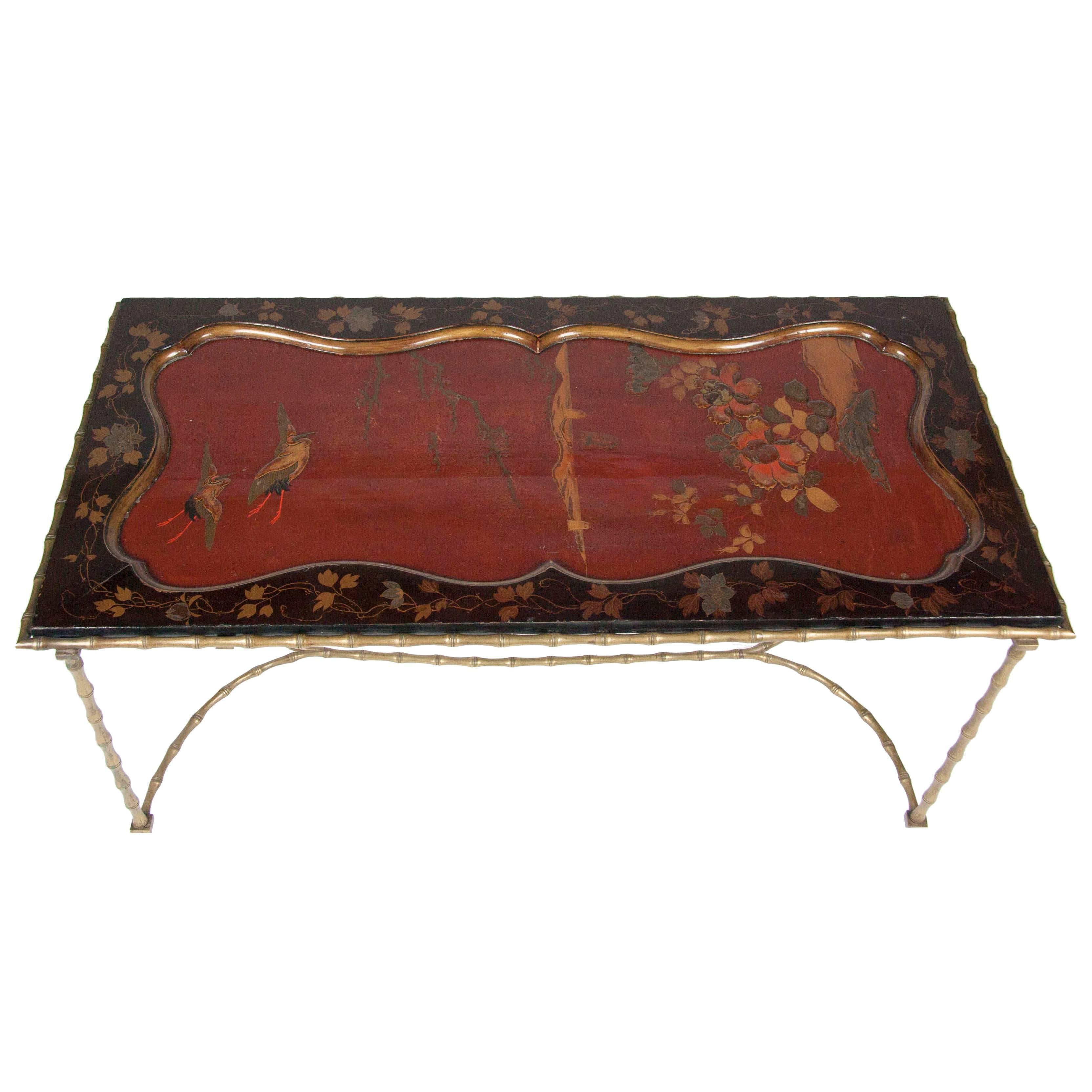 Cocktail Table with Japanese Lacquered Top and Bagues Brass Base