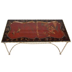 Antique Cocktail Table with Japanese Lacquered Top and Bagues Brass Base